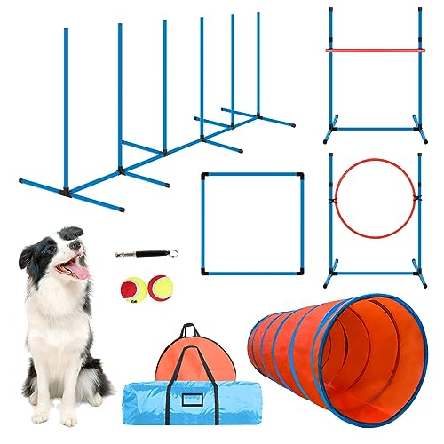 Agility Training Equipment for Dogs,Obstacle Course Jumping Practice Includes Adjustable High Hurdle,6 Weave Poles,Extended Tunnel,Jumping Ring,Square Pause Box,2 Balls,Whistle and 2 Carrying Bags