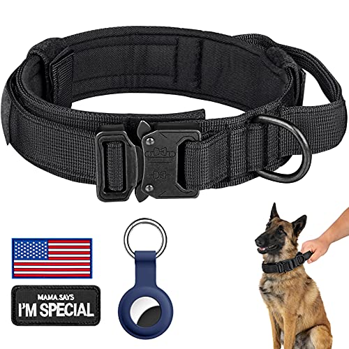 DAGANXI Tactical Dog Collar, Adjustable Military Training Nylon Dog Collar with Control Handle and Heavy Metal Buckle for Medium and Large Dogs, with Patches and Airtags Case (L, Black)