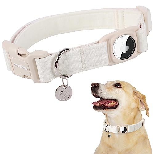 DOGWONG Airtag Cotton Hemp Dog Collar, Heavy-Duty Dog Collar with Airtag Holder White Dog Collar Durable Natural Fabric Pet Dog Collar Cute Puppy Necklace for Small Medium Large Dog