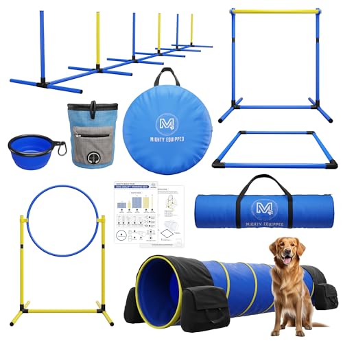 MIGHTY EQUIPPED Dog Agility Equipment - Portable Dog Agility Course Backyard Set with 9ft Dog Tunnel, Weave Poles, Hoop Dog Jumps, Collapsible Water Bowl & More - Dog Training Kit for Indoor & Outdoor