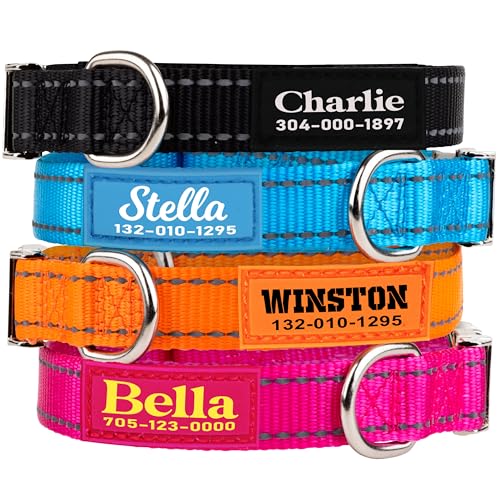 PAWBLEFY Personalized Dog Collars - Reflective Nylon Collar Customized with Name and Phone Number Adjustable Sizes for Small Dogs, Medium, Large 4 Colors Male Female boy Girl Puppies