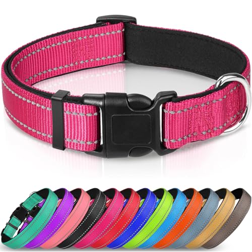 Joytale Reflective Dog Collar,Soft Neoprene Padded Breathable Nylon Pet Collar Adjustable for Large Dogs,Hotpink,L