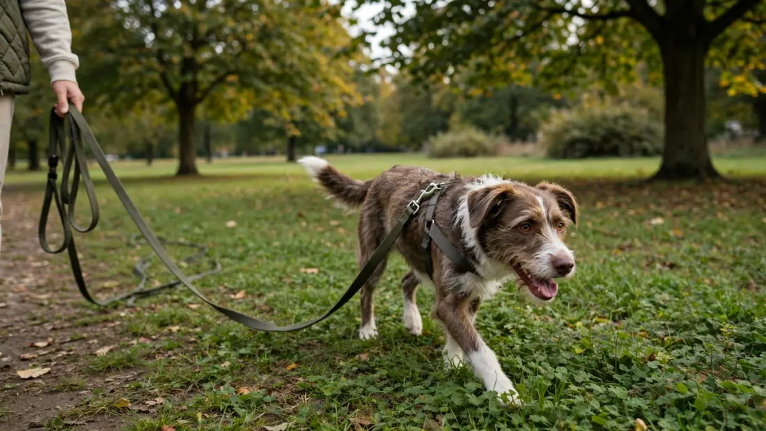 Dog using a long-line training leash