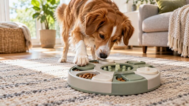Curious dog using a multi-compartment puzzle feeder filled with kibble
