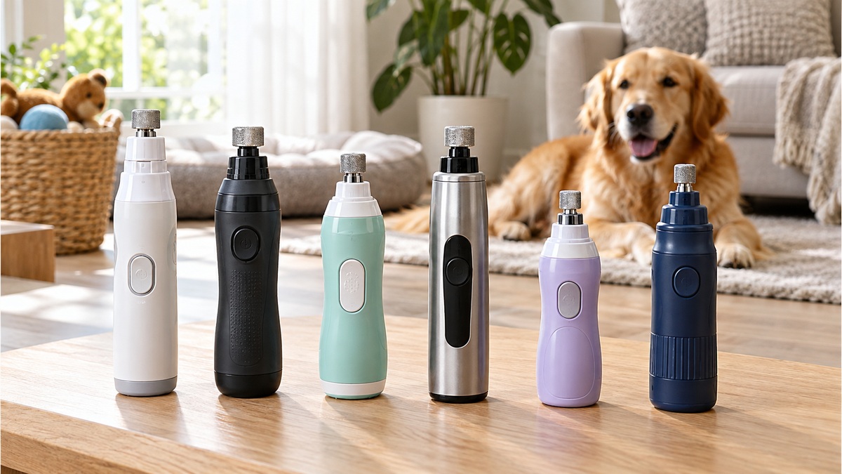 Six generic dog nail grinders arranged for comparison in a bright home setting.