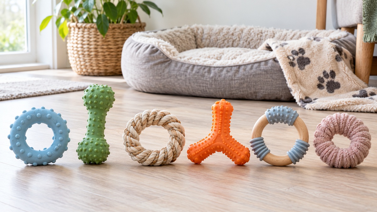 Six colorful puppy teething toys are arranged beside a dog bed for comparison.
