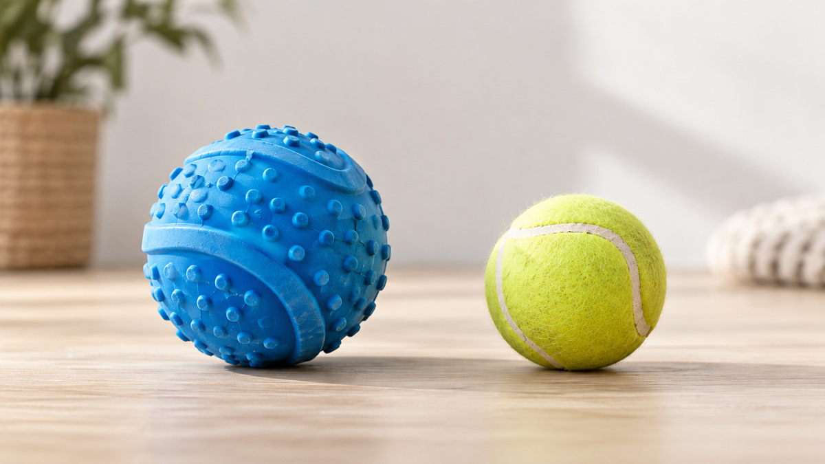 Two generic dog fetch balls with different sizes and textures.