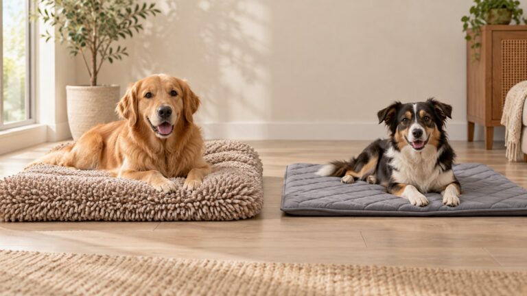 Side-by-side view of the Muddy Mat and VERZEY bed mats products on a neutral background, emphasizing visible differences in size and configuration.