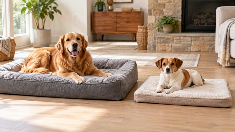 Two generic dog bed mats arranged side by side in a bright home.