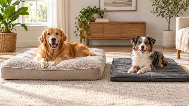 Two generic dog bed mats with different thicknesses and textures in a bright interior.