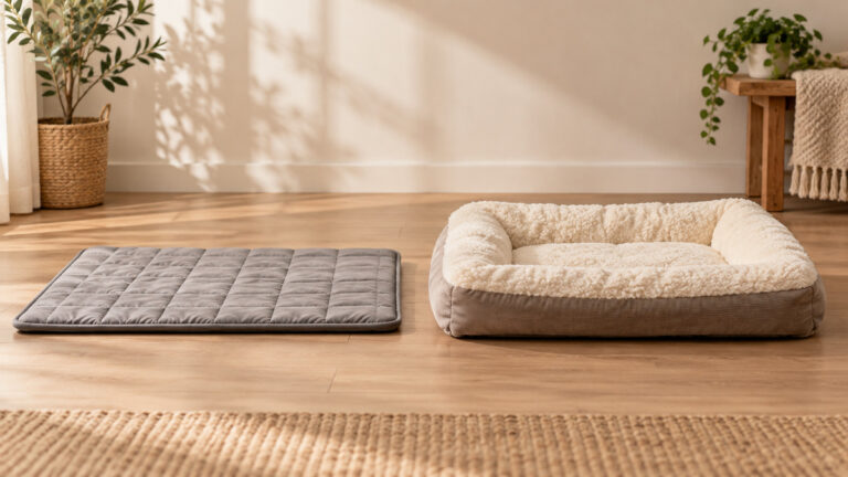 Side-by-side view of the VERZEY and EHEYCIGA bed mats products on a neutral background, emphasizing visible differences in size and configuration.