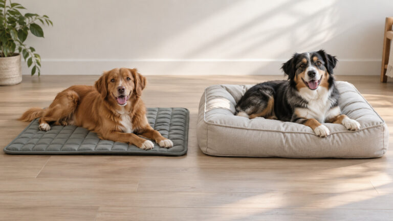 A slim quilted dog mat and a thicker padded dog bed compared in a bright room.