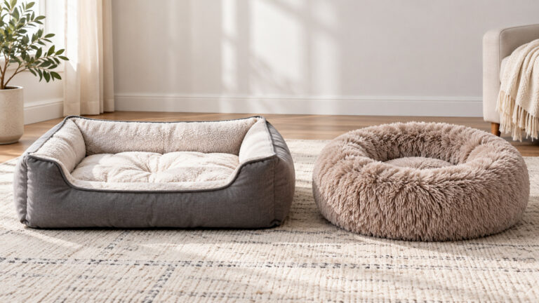 A rectangular bolster dog bed and a round calming dog bed arranged side by side.
