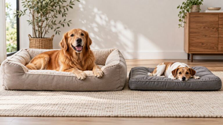 Two generic orthopedic dog beds with different shapes and construction.