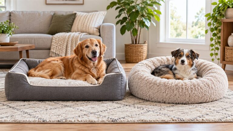 Two generic cushioned dog beds with different shapes and sizes in a tidy living room.