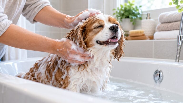 Small dog receiving a gentle foamy shampoo bath in a bright bathroom