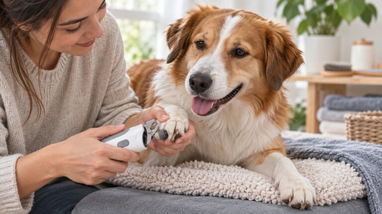 Dog having its nails trimmed and smoothed with a two-in-one pet nail clipper and grinder