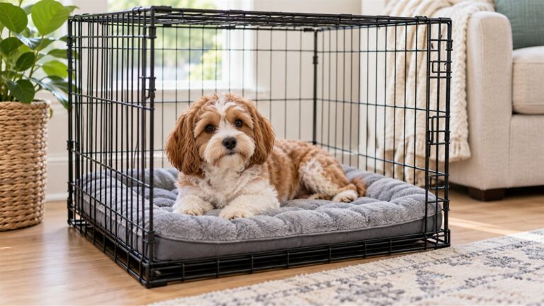 A reversible grey crate pad laid inside a small wire crate, beside a small dog resting on it.