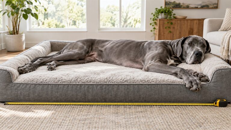 A large grey dog stretched out on a rectangular orthopedic bed, with a tape measure lying across the bed's edge.