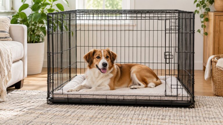 A washable crate mat laid flat inside a 36-inch wire dog crate, with a dog resting on it.