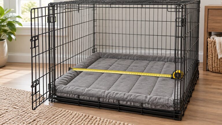 A grey crate mat sitting flat inside a metal wire crate, with a tape measure across its width.