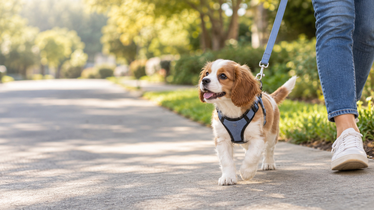 A small puppy wearing an adjustable step-in harness on a neighborhood walk beside its owner.