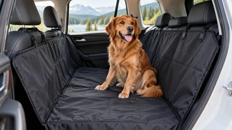 A dog sitting on a black waterproof hammock cover in a car back seat with side flaps up.