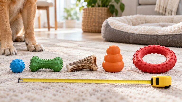 Five unbranded dog chew toy shapes are arranged beside a dog bed in a bright living room.