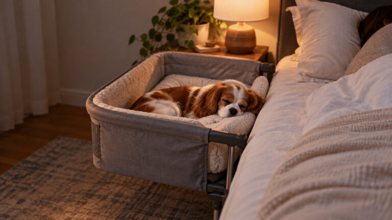A small dog sleeping in a bedside attachable bed aligned with a human mattress at night.