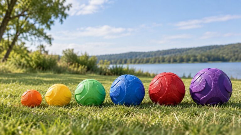 Six chew-tough dog balls in different sizes and colors arranged on grass for scale comparison.
