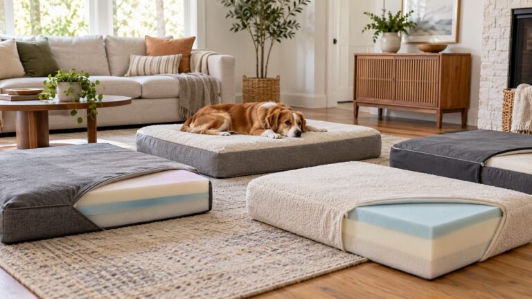A dog rests on one of several layered memory foam platform beds in a living room.