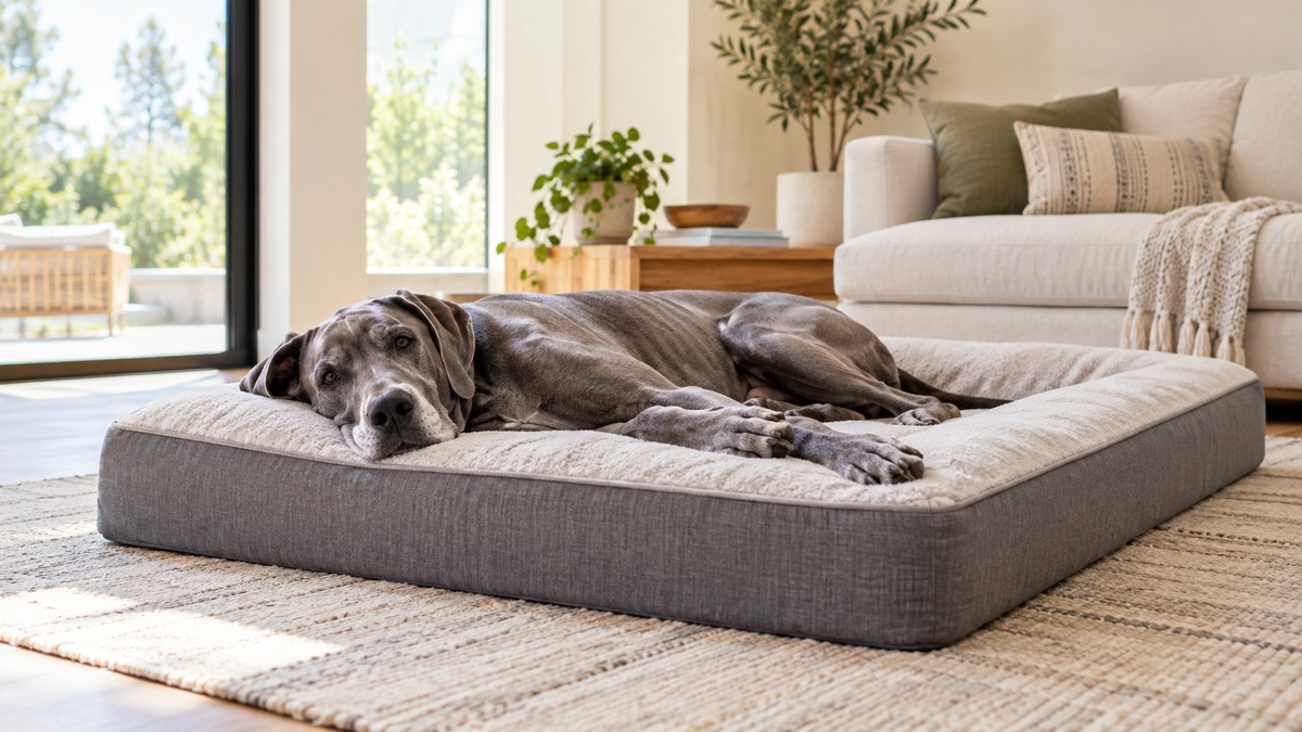 A large gray dog stretched out on an extra-large rectangular orthopedic bed in a bright living room.
