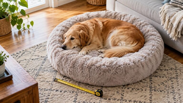 A large dog curled on a plush faux fur bed on a living room floor, with a tape measure beside it.