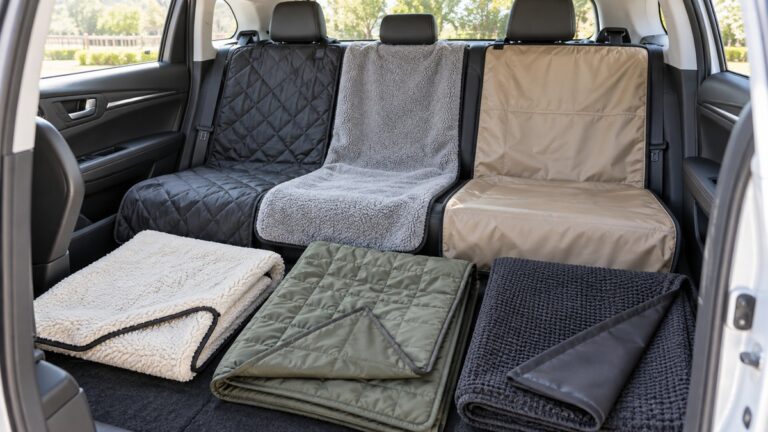 Six protective blankets with varied fabrics are displayed across and beside a car rear seat.