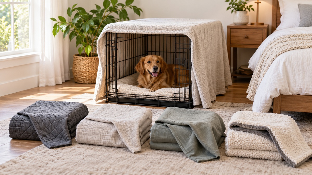A selection of neutral crate blankets is arranged around a covered dog crate in a bright bedroom.