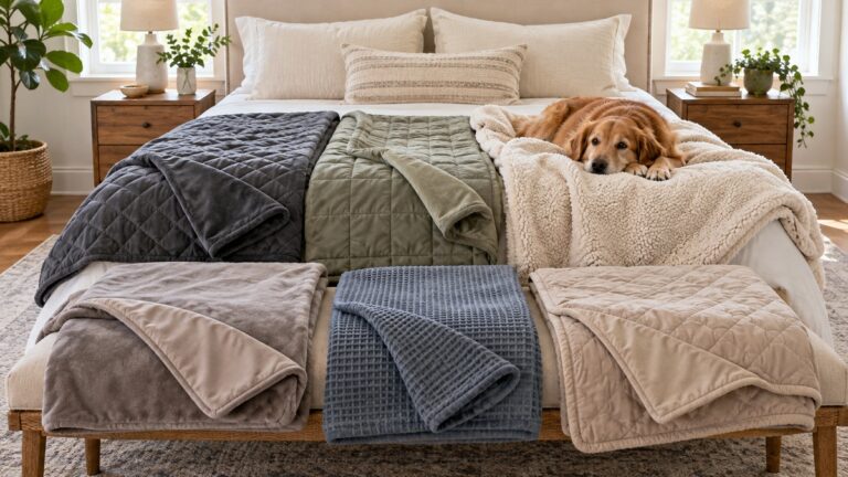 Six protective blankets with varied textures cover a bed and bench while a dog rests on one.
