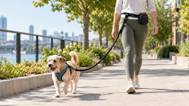 A small dog walking on a sidewalk on a loose leash, with the owner's hands free and a waist bag at the hip.