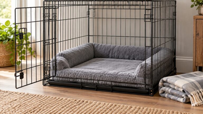 A grey crate pad with raised bolster edges sitting inside a metal wire crate, with a folded blanket beside it.