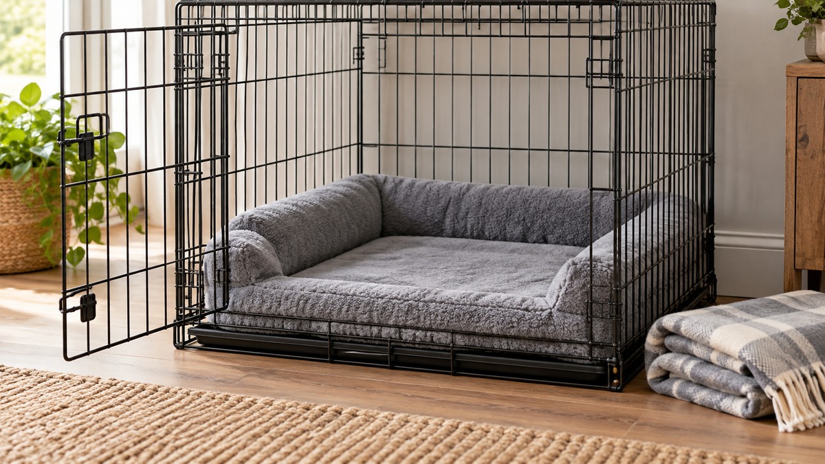 A grey crate pad with raised bolster edges sitting inside a metal wire crate, with a folded blanket beside it.