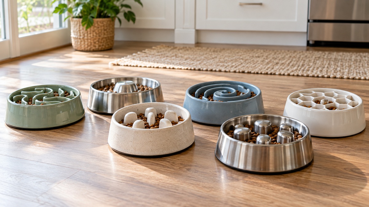 A lineup of ceramic and stainless steel slow feeder bowls for fast-eating dogs on a kitchen floor.