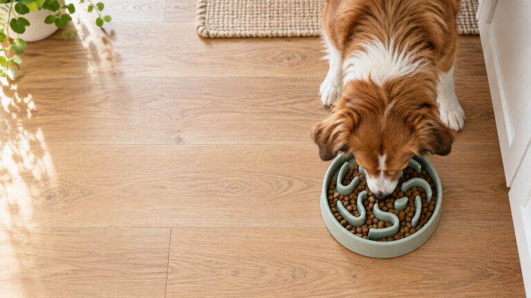 A medium dog eating from a maze-pattern slow feeder bowl on a kitchen floor, top-down view.