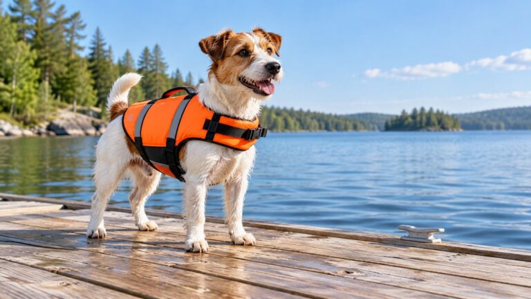 A small dog wearing an orange life vest with reflective stripes, standing on a sunny dock beside a lake.
