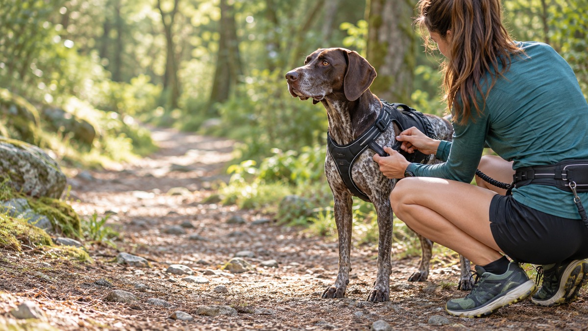 A runner checks an athletic dog's harness fit on a sunlit wooded trail.