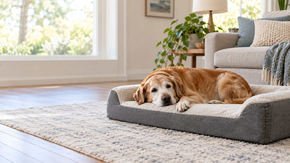 A large senior dog resting on a rectangular orthopedic foam bed with bolsters in a living room.