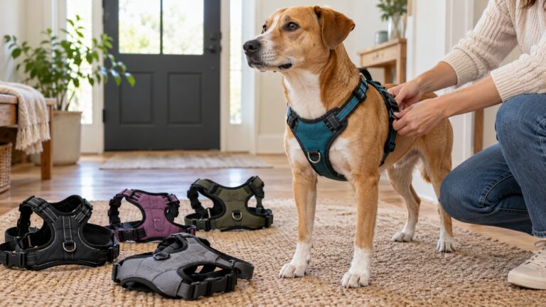 A dog wears a fitted no-pull harness beside several alternative harness styles.