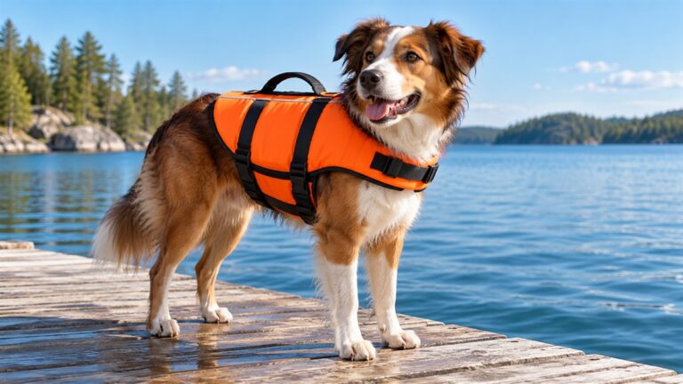 A medium-sized dog in an orange life jacket with a top rescue handle, standing on a dock beside calm water.