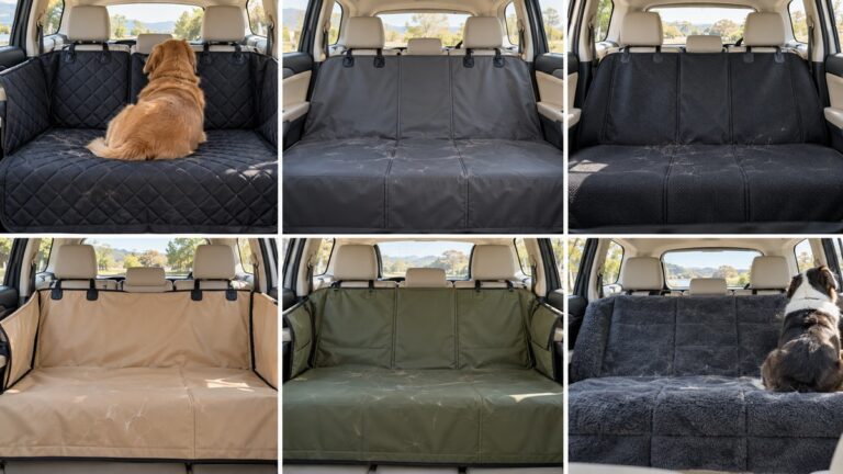 Six rear car seat cover configurations show different fabrics and protective designs for dogs.