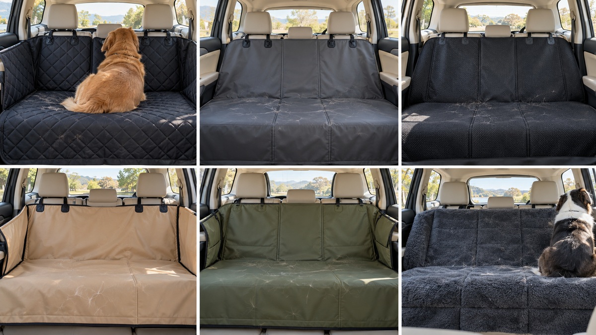 Six rear car seat cover configurations show different fabrics and protective designs for dogs.