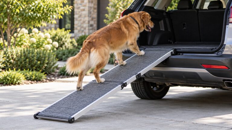 A folding aluminum dog ramp with a gray non-slip carpet surface, leaning from the ground to the open back of an SUV, with a dog stepping up.