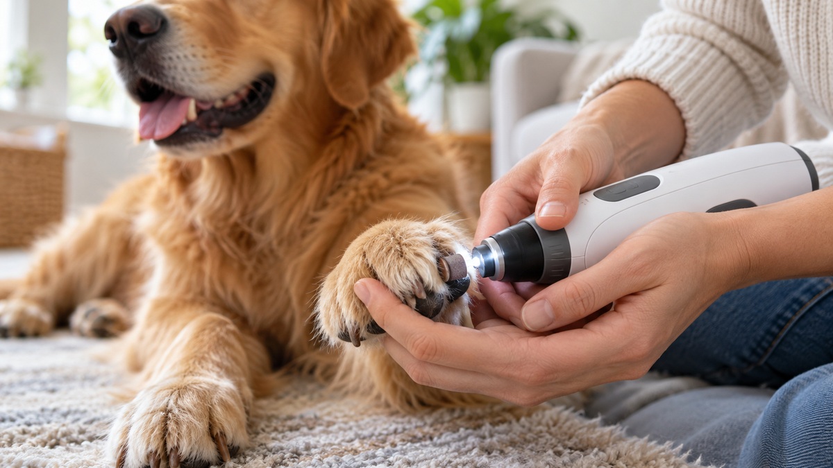 A close view of a rechargeable 6-speed dog nail grinder trimming a large dog nail with LED light on.